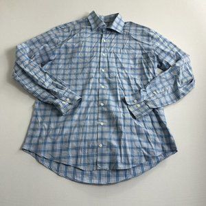 Peter Millar Button Down Shirt‎ Large Blue Plaid Performance Stretch Cotton Mens